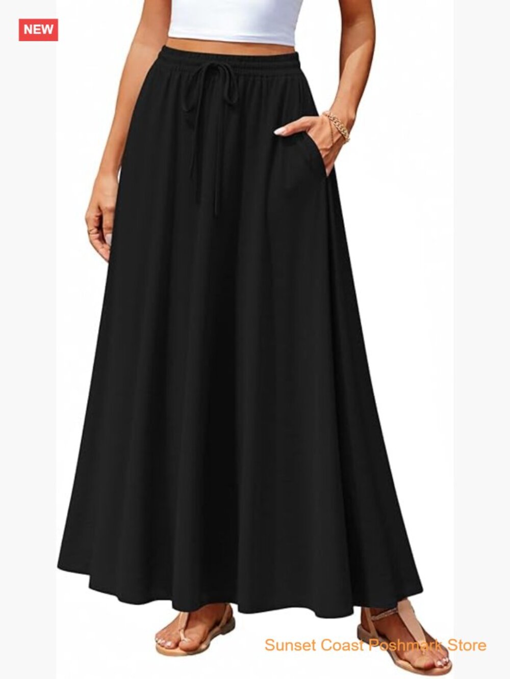 Flowy Maxi Skirt with Pockets Elastic Waist Boho Casual Long Skirt